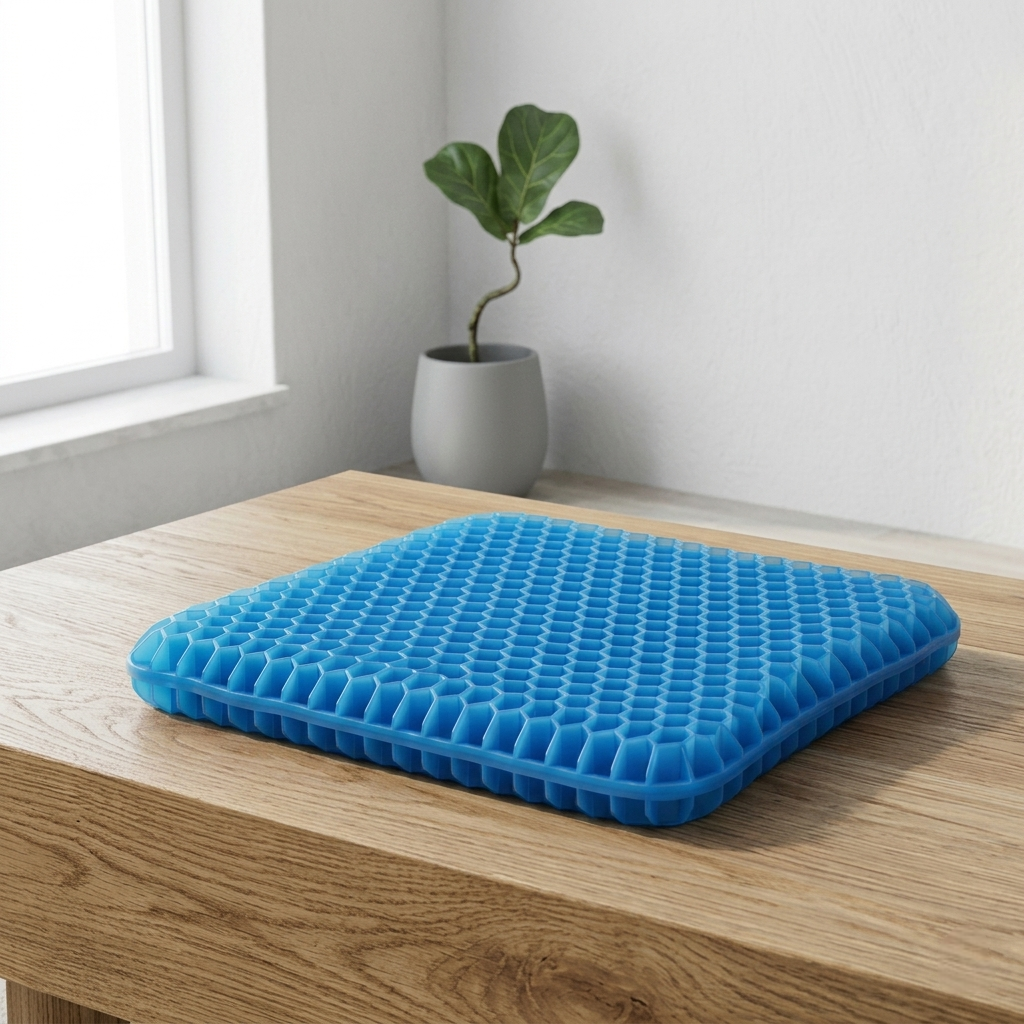 Coussin d'assise en gel bleu ergonomique avec structure en nid d'abeille posé sur une table en bois.
