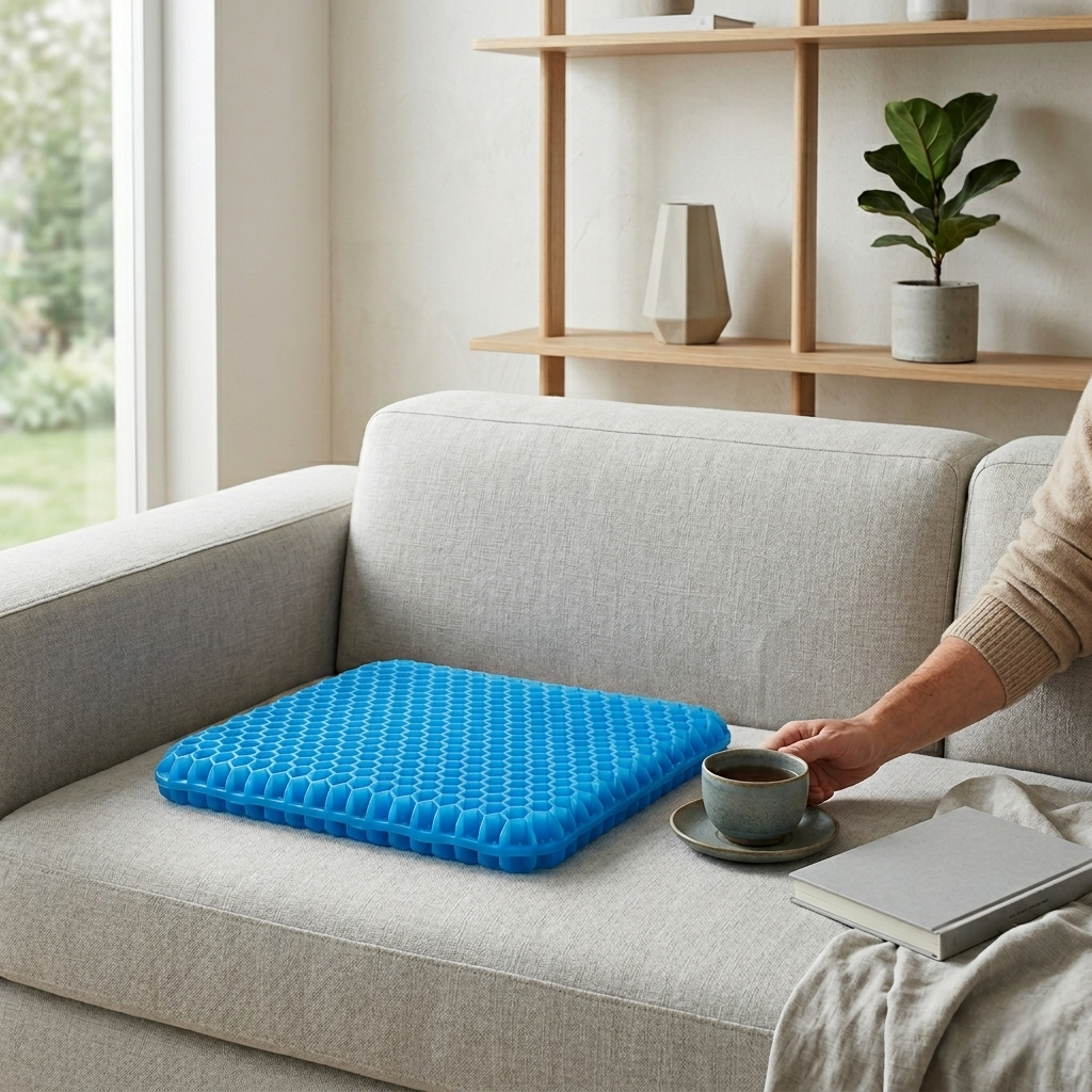 Coussin d'assise en gel bleu posé sur un canapé gris dans un salon moderne et lumineux.