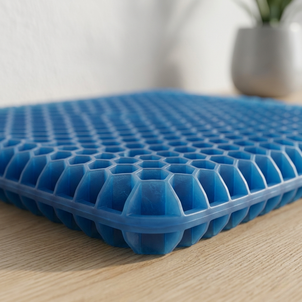 Gros plan sur la structure alvéolée en nid d'abeille d'un coussin en gel bleu.
